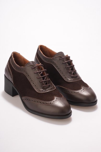 Women's Genuine Leather Heeled Oxford Shoes - Brown