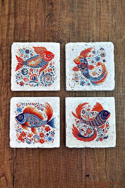 Natural Stone Coasters Set of 4 10X10X1 cm Colorful Fish Patterns -Stone Coasters