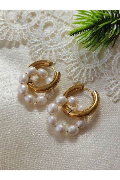 Natural Stone Pearl Steel Hoop Earrings