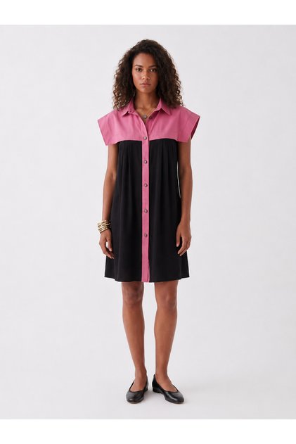 Women's Black Pink Garnished Shirt Collar Buttoned Dress
