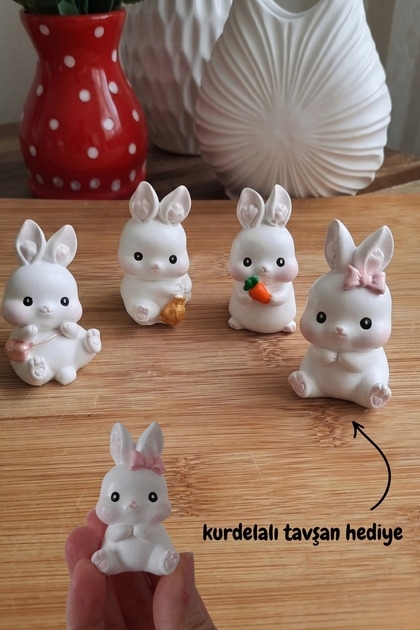 melora 5 cm 4'lü +1 Hediye Tavşan Biblo Set,Dekoratif Masa Vitrin