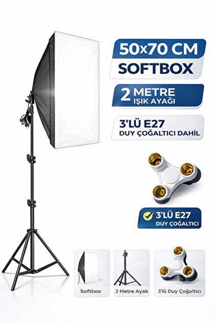 Rabsev Softbox 50x70Cm Sürekli Işık Seti 2 Metre Ayaklı 3'lü E27
