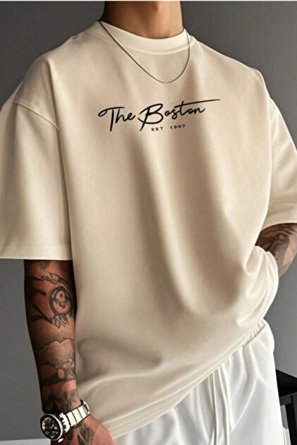 YUVEST T-shirt - THE BOSTON Baskılı Oversize Bisiklet Yaka Kısa