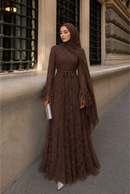 Çiçek Desenli Dantelli Kolu Volanlı Kemerli Astarlı Elbise