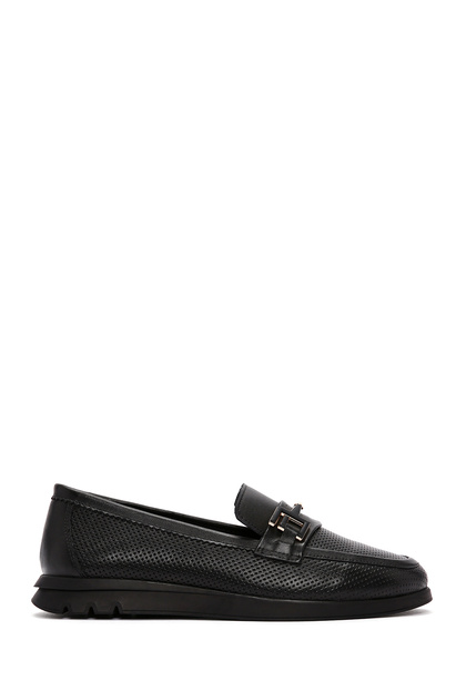 Women's Black Buckle Leather Shoes, Comfort Loafer 26Pfd150318