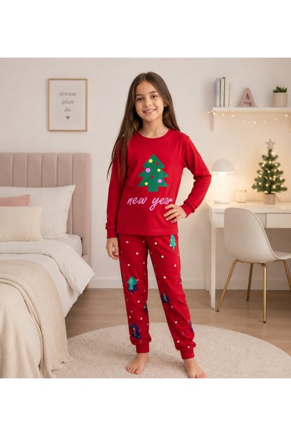 Girl's 100% Cotton Red Pine Tree Santa Claus Christmas Neol Print Long Sleeve Pajamas Set