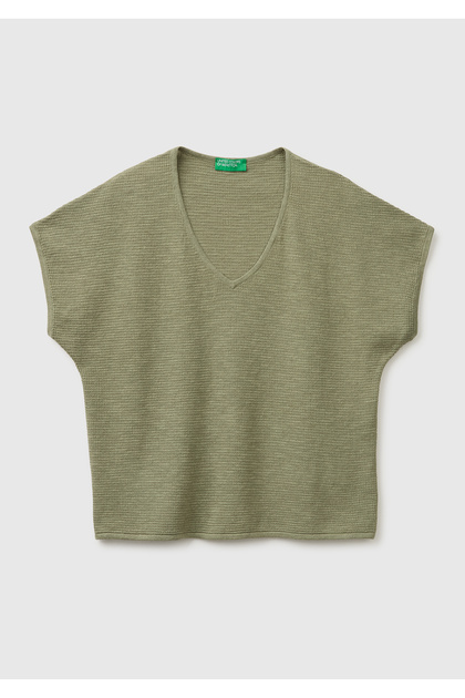 Women's khaki cotton linen blend off shoulder v neck short sleeve pullover
