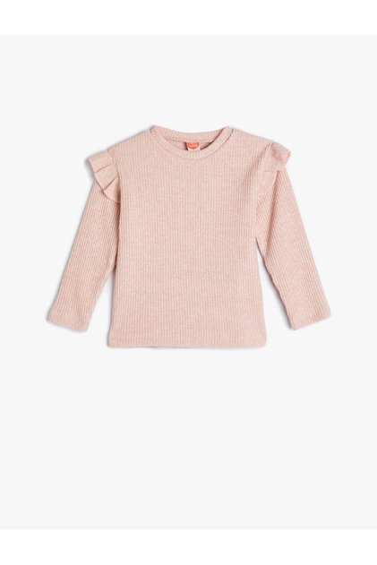 Basic T-Shirt Ruffle Detailed Long Sleeve Camisole Crew Neck Soft Textured