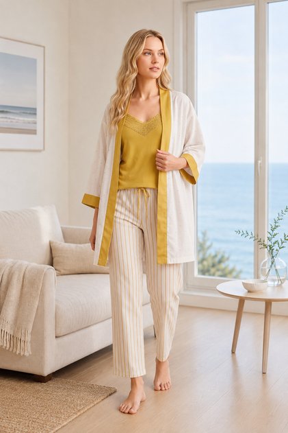 Women's Summer Linen Fabric Pajama Set |   Lace Detailed Stylish and Elegant Model 31-144