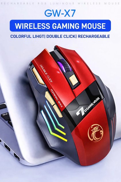 Kablosuz Oyuncu Mouse 3200 DPI Ayarlanabilir Hassasiyet, RGB 7 Renk LED Aydınlatma, Şarjlı, Ergonomik Tasarım, 2.4GHz Wireless GW-X7 (Kırmızı)