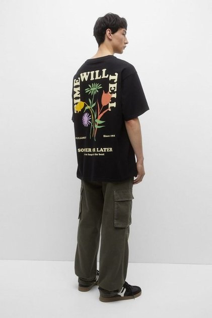 Sooner or Later Written Tulip Design Printed Oversize Black Men's T-Shirt