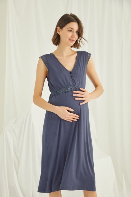 Monamise 18448 Women's Navy Blue Maternity Short Sleeve Nightgown