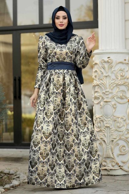 Patterned Navy Blue Jacquard Hijab Evening Dress 82454L