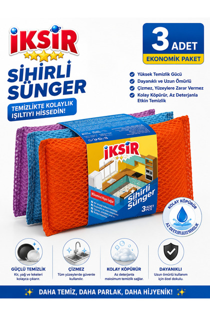 Sihirli Bulaşık Süngeri 3’lü Paket Çizmez Hassas Yüzey Temizlik Süngeri