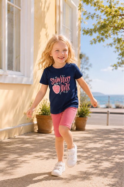 Girl's Crew Neck Pigment Printed Summer Regular Fit Navy Blue Bermuda Set Rp3633-C-V3