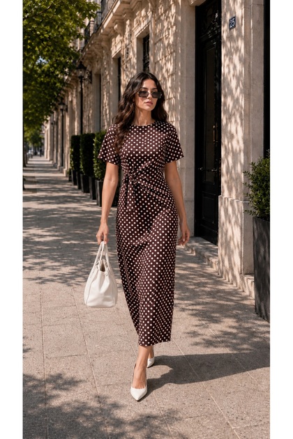 Women's Polka Dot Midi Length Belted Dress Modal Fabric Summer Stylish Casual Dress