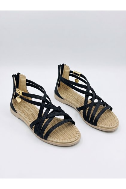 Linda Women's Black Flat Sole Ankle Strap Casual Sandals Slippers