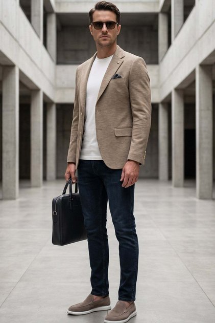 Bej Mono Yaka Örme 6 Drop Slim Fit Ceket 1002260152