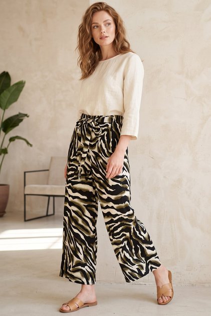 Women's Black Khaki Abstract Patterned Atlas Wide Leg Pants