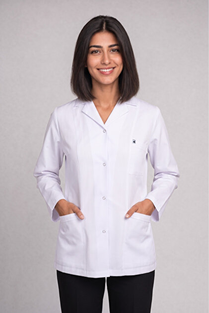 Kadın Gömlek Yaka Uzun Kol Ceket Boy Beyaz Alpaka Kumaş Doktor ve Hemşire Önlüğü