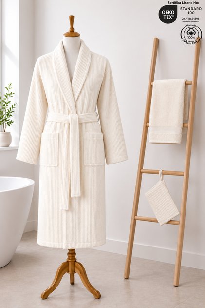 Eldy Striped Bathrobe Set, 3 Pieces, 100% Cotton Certified Şalyaka Bathrobe Set - Cream