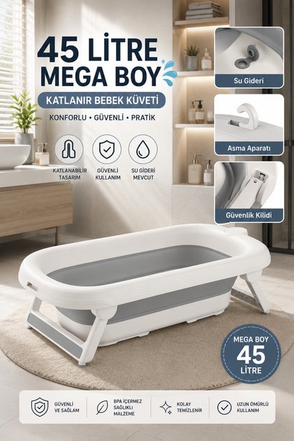 Bebek Küveti Katlanabilir Aquanest Gri 45 litre Mega boy