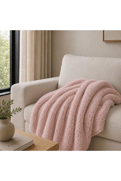 Pembe Cozy Yumuşak Tüylü Koltuk Şalı / Tv Battaniyesi 130x180 Cm Lux Peluş Iskandinav,bohem