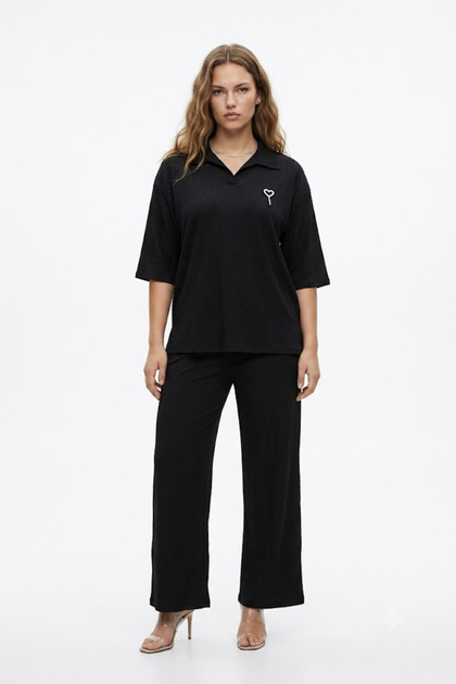 Black Brooched Collared Shirt - Stylish Trouser Suit Wrinkled Fabric