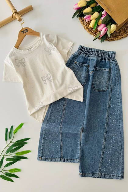 My Little Girl's Stoned Bow Detailed Jeans Pants Set for Girls - Ecru