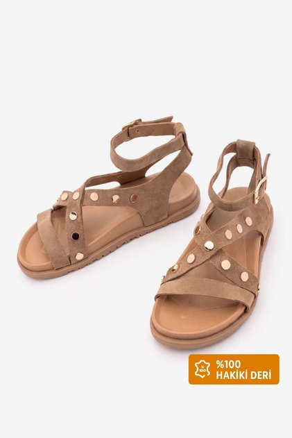 Sandale de damă din piele naturală, cu curea la gleznă, cu talpă Trok, Dovisa Camel Suede