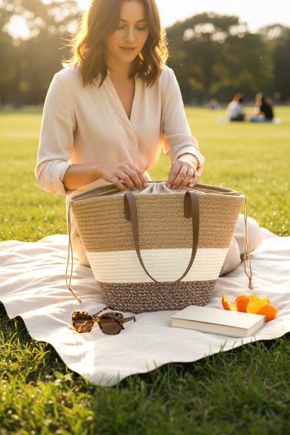 Colorful Beach Bag. Straw Drawstring Beach Bag.
