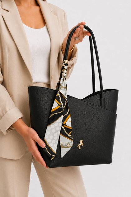 Women's Large Size Black 4-Section Adjustable Long Strap Shoulder Bag (33X27Cm)