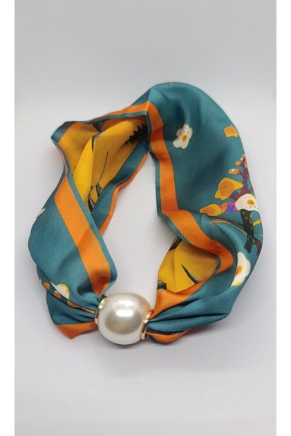 Turquoise & Orange Floral Patterned Energetic Style Pearl Scarf Necklace (44 cm)