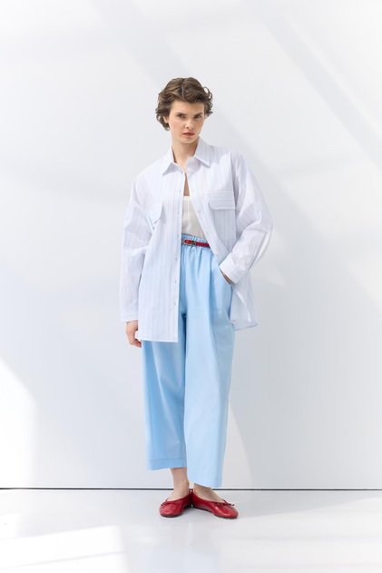 Oversized Striped Shirt with Pockets Light Blue