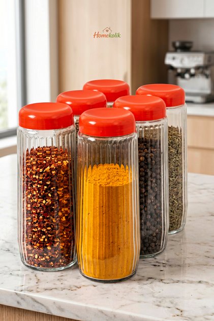 Set of 6 Glass Storage Containers with Red Lids 1500 ml – Legumes, Food, Breakfast Jars Set