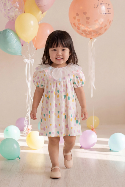 Baby Girl Dress with Heart Print and Pompom Collar Detail in Ecru