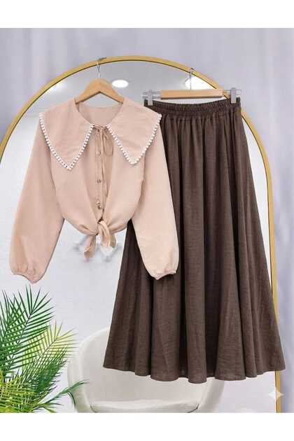 Women's Strawberry Fabric Skirt with Shirt Collar Detail and Pockets -0530