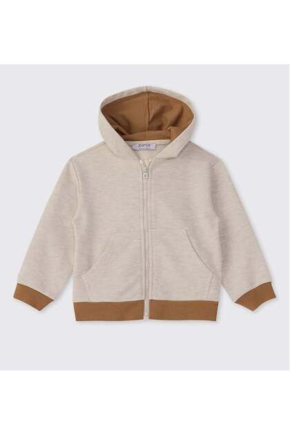 Erkek Bebek Kapüşonlu Fermuarlı Uzun Kollu Sweatshirt 0-5 Yaş BEJ MELANJ