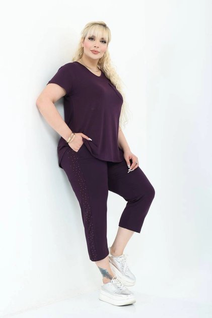 Plus Size Capri Length Lycra Viscose Suit with Pocket and Side Stone Detail