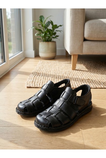 Genuine Leather Men's Sandals Slippers Summer Orthopedic Comfortable Daily Use Black 01
