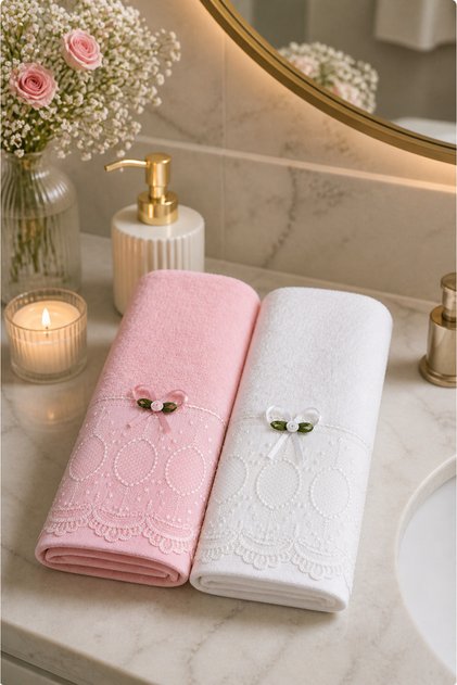 Premium Collection French Guipure Lace 2-Piece Cotton Towel Set 50X90