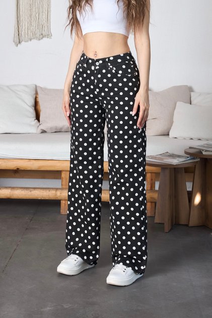 Puantiye Desenli Wide Leg Denim Pantolon