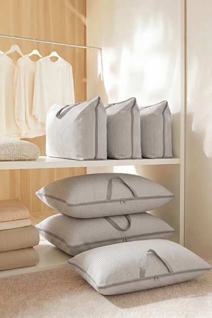 6'lı Set Çok Amaçlı Yastık Hurcu ve Saklama Çantası - 50x70 - Gri