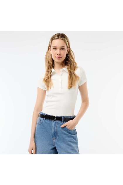 Ribbed Knit Short-Sleeve Polo Shirt White