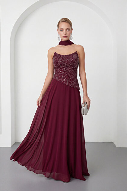 burgundy embellished dress Luxury Pink Burgundy Mermaid Evening Dress with Cape SS446 – Sharon Said main image 1