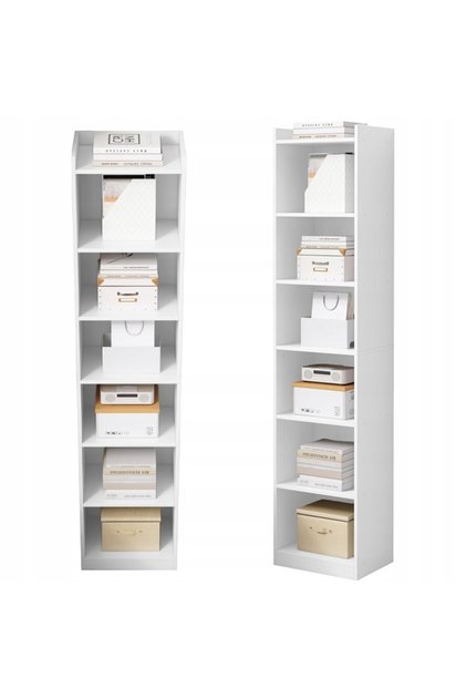 Bibliotecă albă verticală cu rafturi, coloană scandinavă înaltă, dulap tip mansardă
