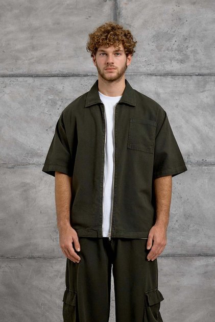 Men's Shirt Woven Fabric Zippered Khaki Oversize Zippered Tencel Fabric