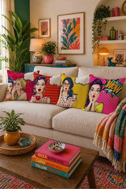 Pop Art Themed Colorful Decorative Double-Sided Printed 4-Piece Throw Pillow Cover