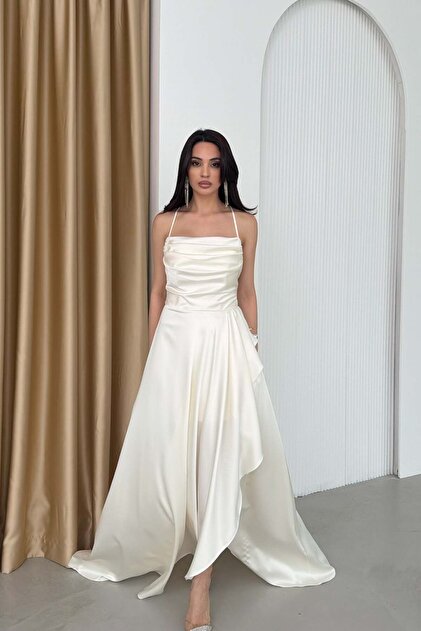 White Thin Straps Flounce Slit Satin Evening Dress