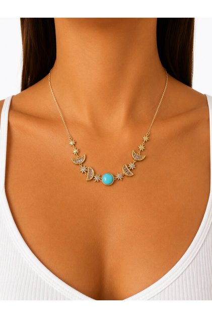 Aten Moon and Star Detailed Zircon Stone Necklace